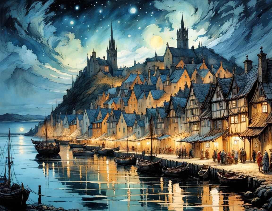 Medieval Port Town Under Starry Sky, Detailed Art