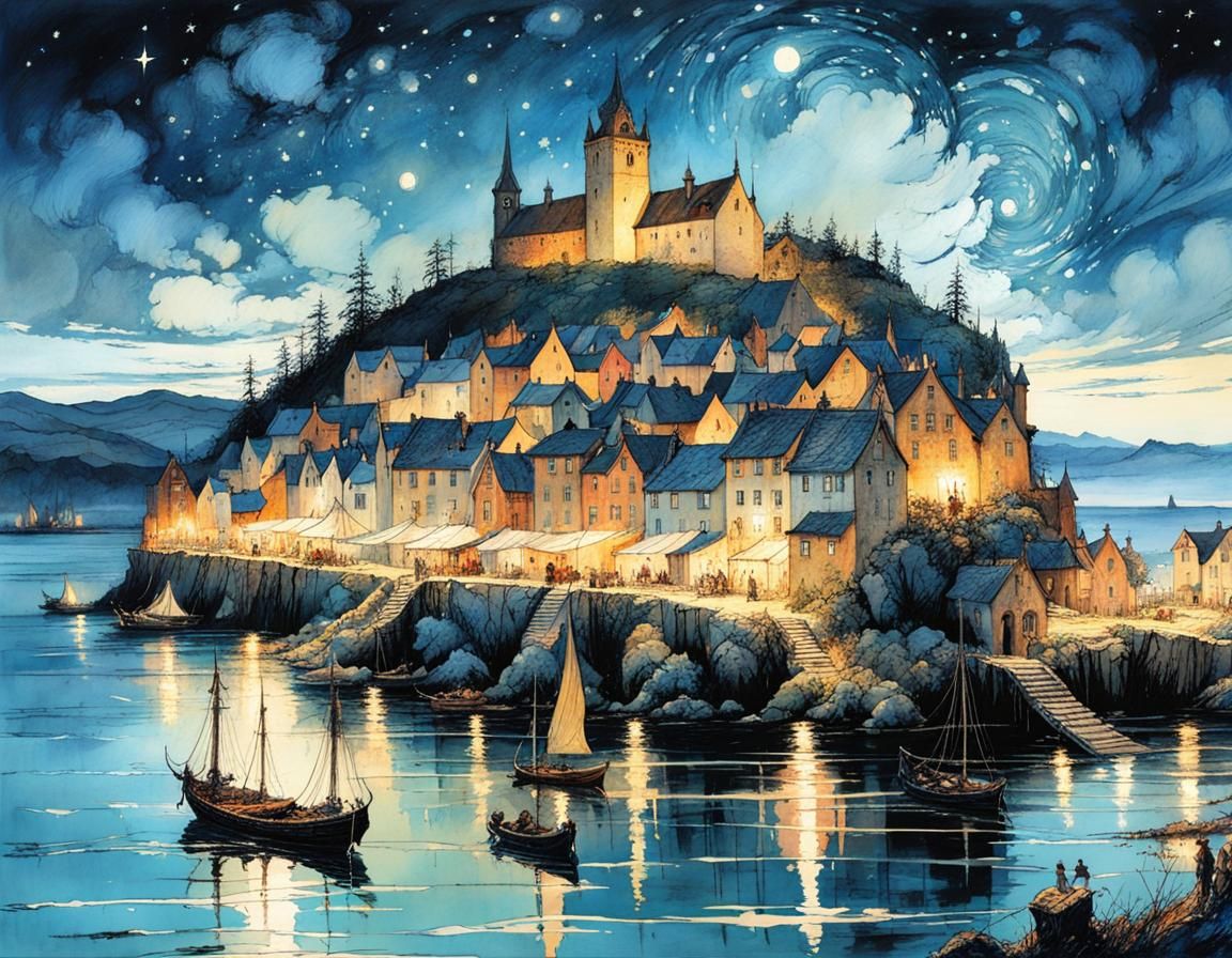 Medieval Island Port Town Under Starry Midnight Skies