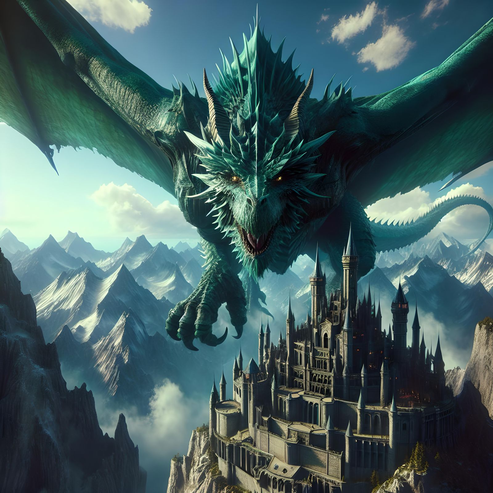 Majestic Green Dragon Soaring Above Dark Castle