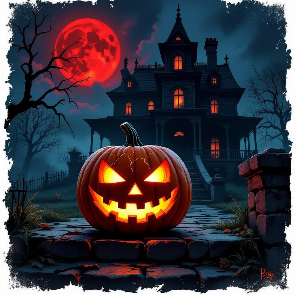 Sinister Jack-o'-Lantern Before Haunted Mansion