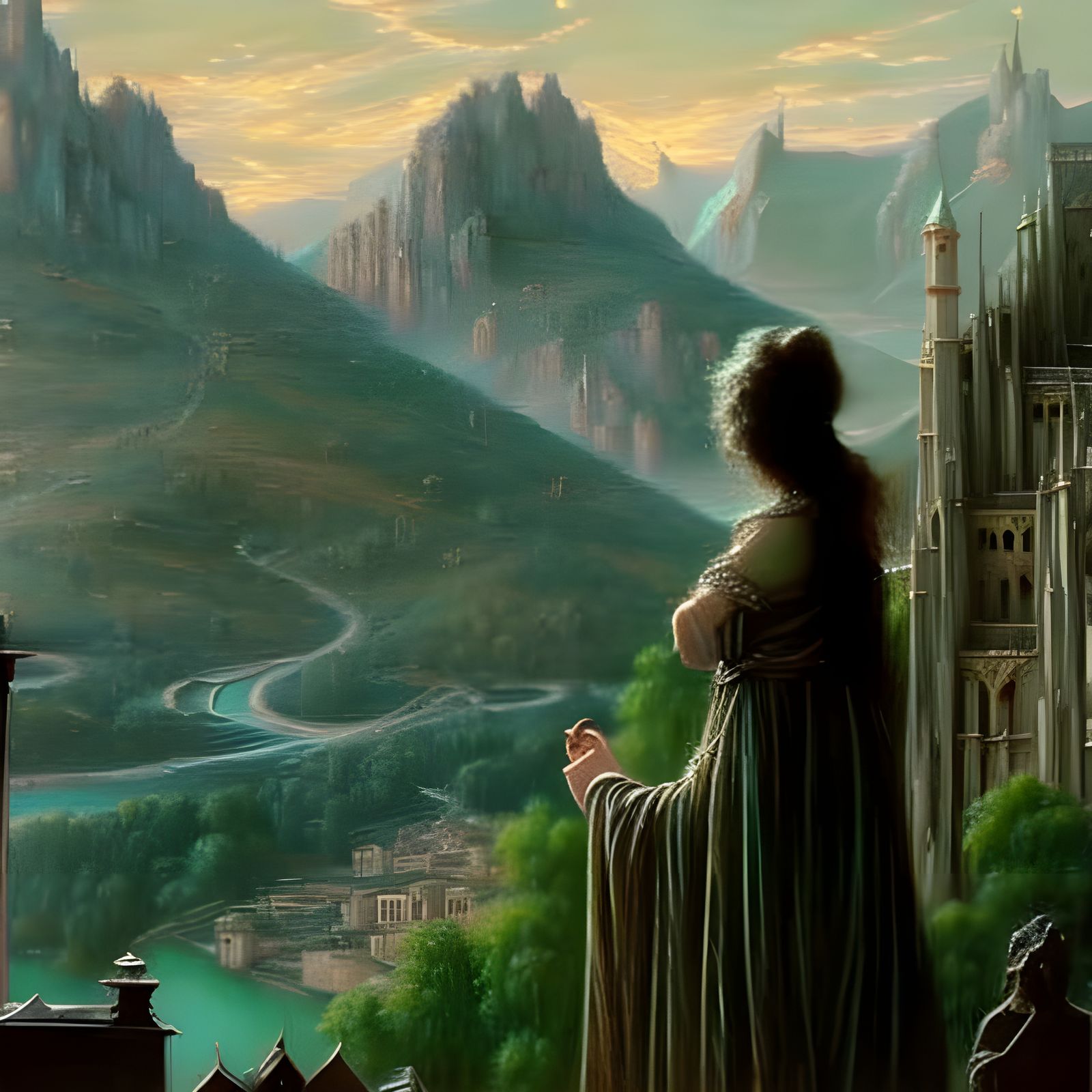 Hyperrealistic Woman in Emerald City, Gothic Art