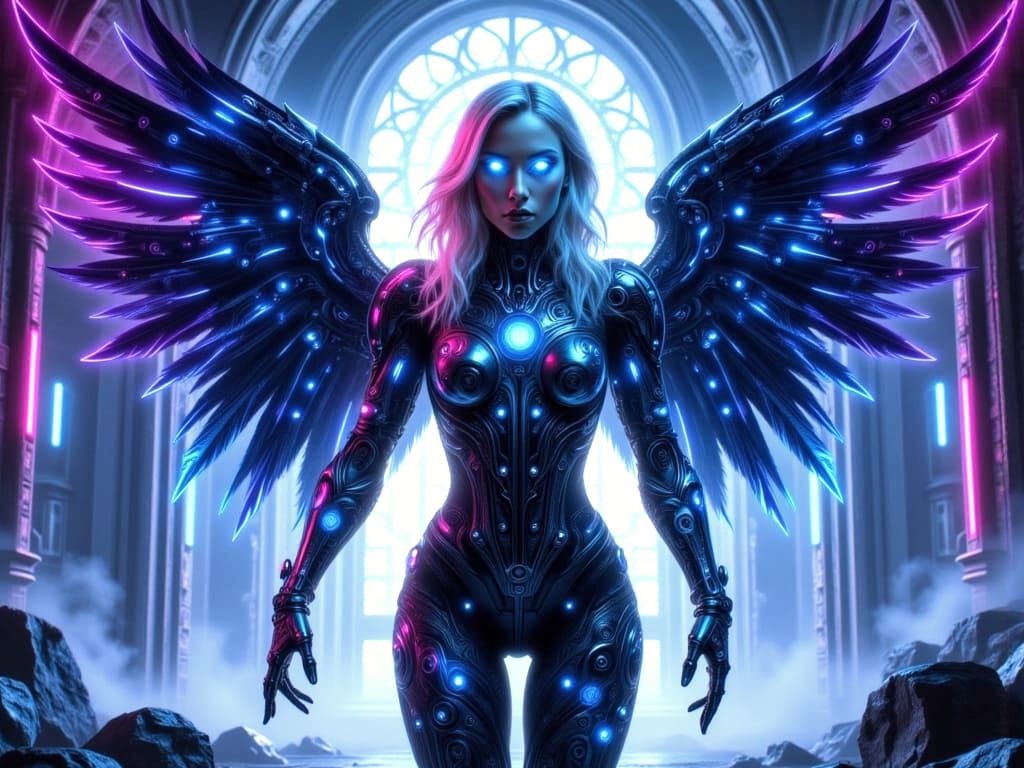 Cyberpunk Angel in Digital Cathedral