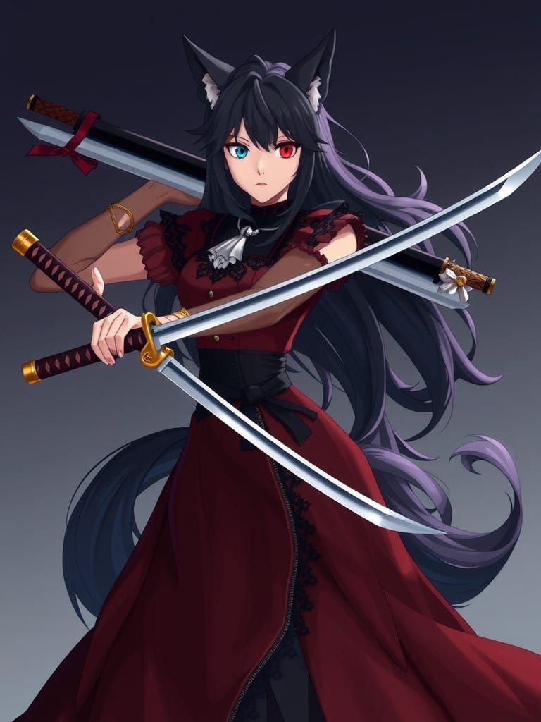 Aasimar Wolf Anthro Woman in Victorian Dress Wields Katana