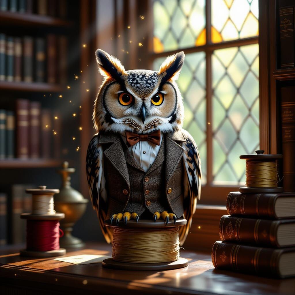 Wise Owl in Library, Intricate Concept Art Style