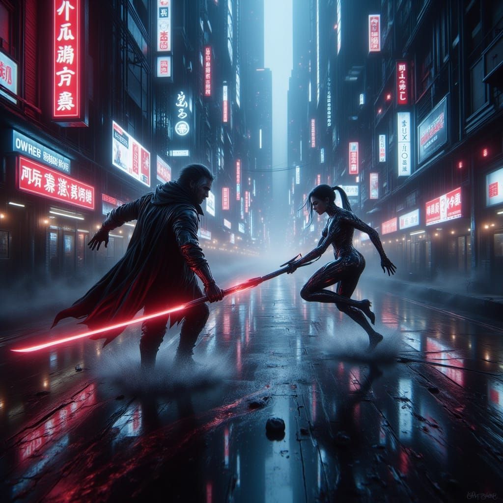 Cyberpunk Battle Scene in High-Contrast Neon