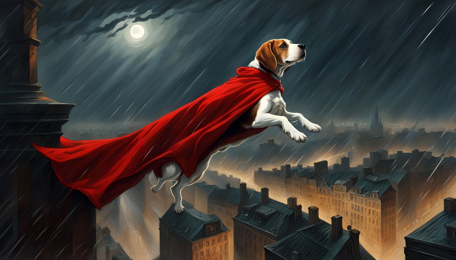 Flying Beagle with Red Cape over Cityscape