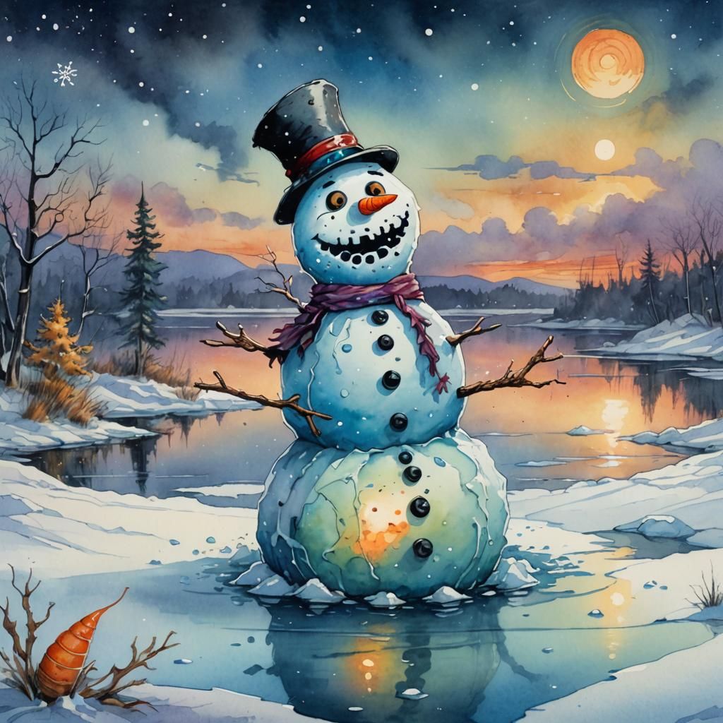 Zombie Snowman on Frozen Lake in Watercolor Style