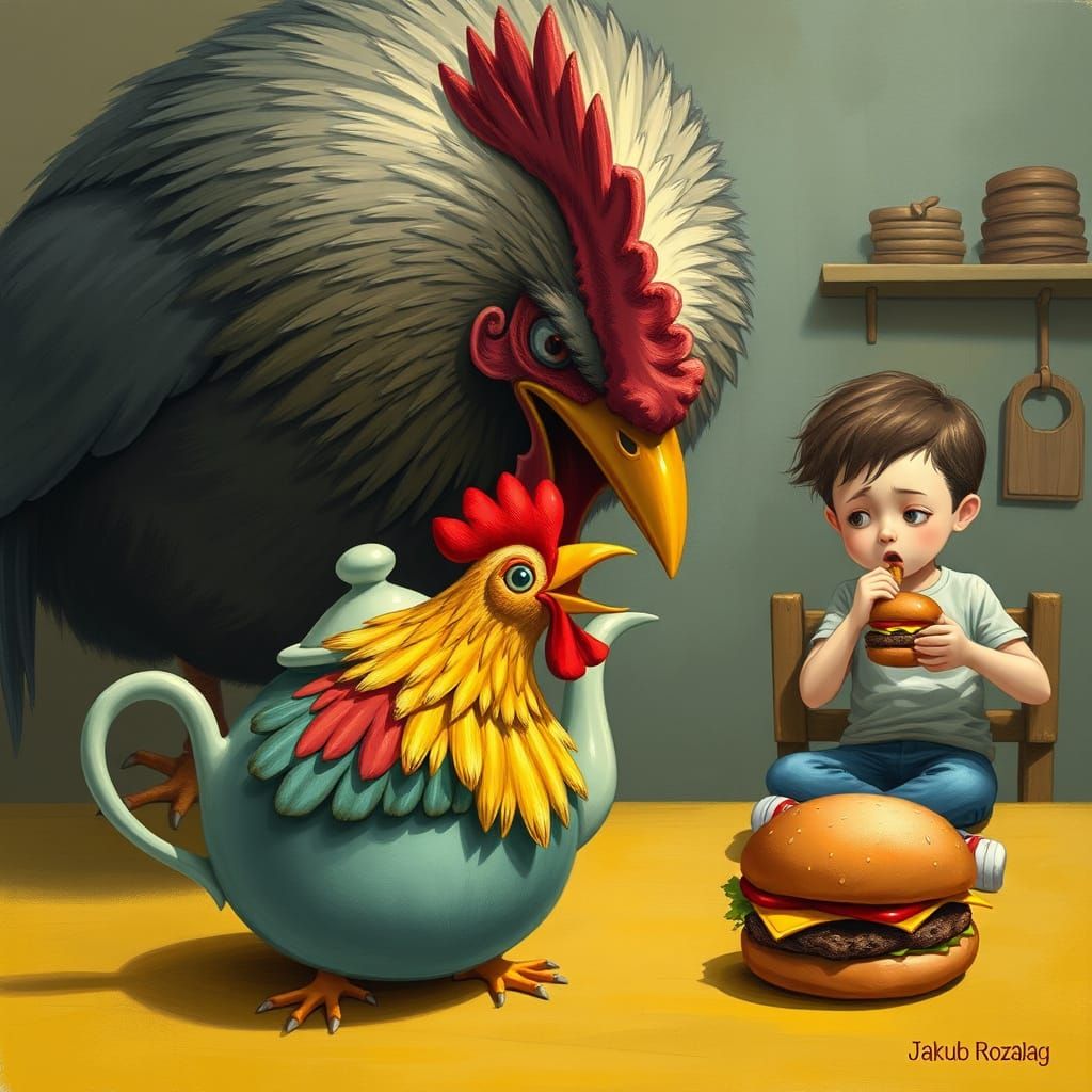 Terrified Teapot Chicken Costume, Rooster, Burger