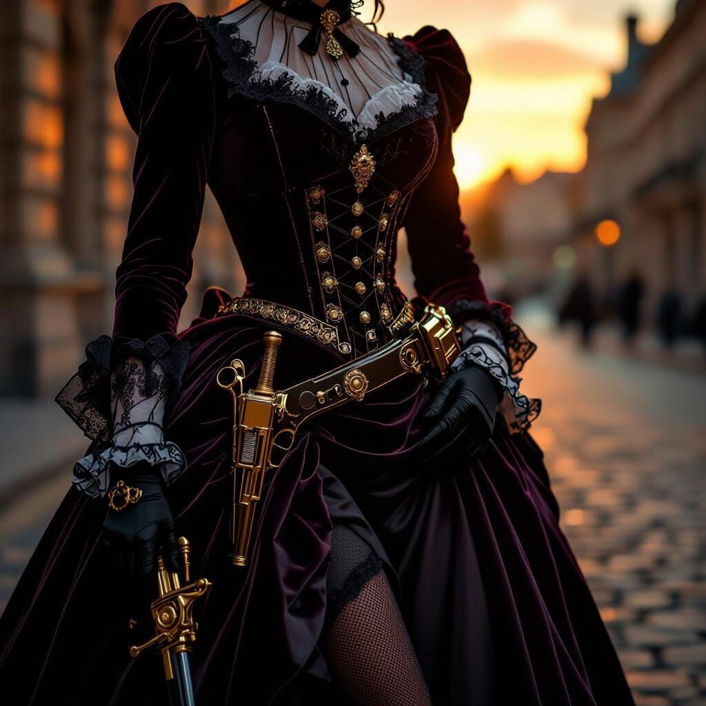 Steampunk Lady in 1850s London with Gun and Sword