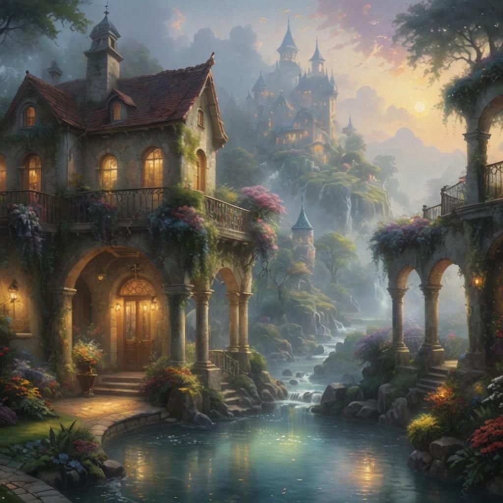 Oasis Villa: Ethereal Landscape in Thomas Kinkade Style