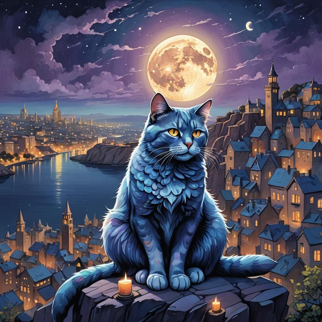 Mystical Cat Overlooks Blue Cityscape
