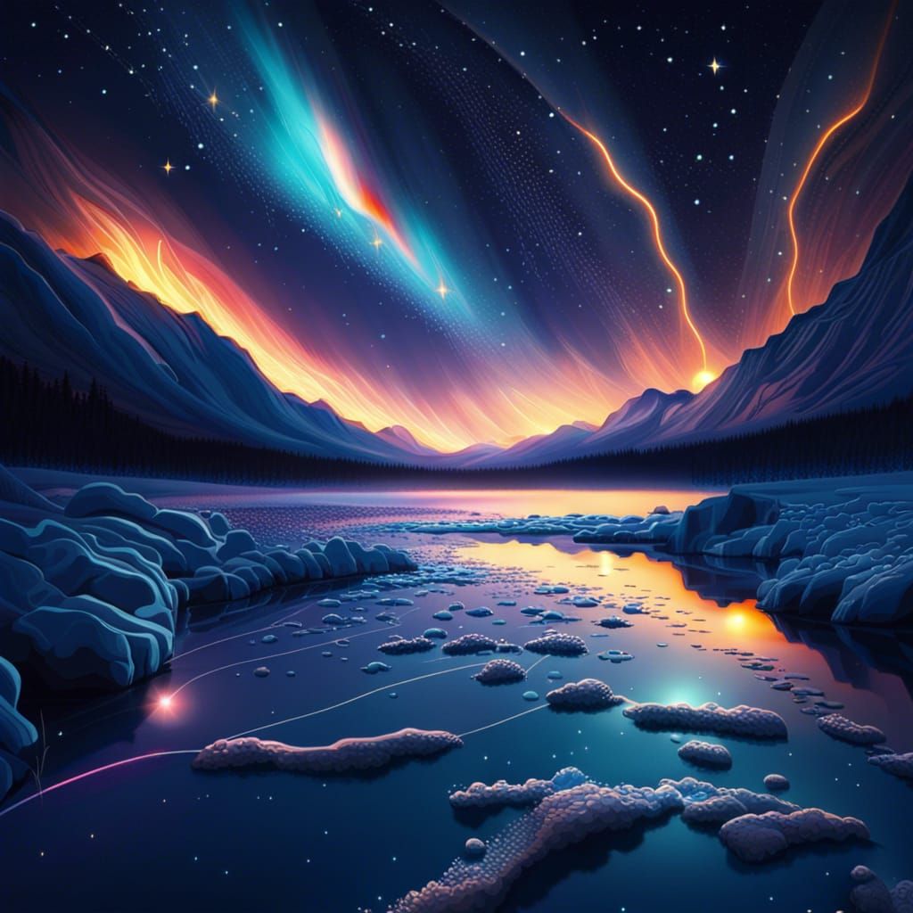 Icy Landscape with Solar Flare Under Stars