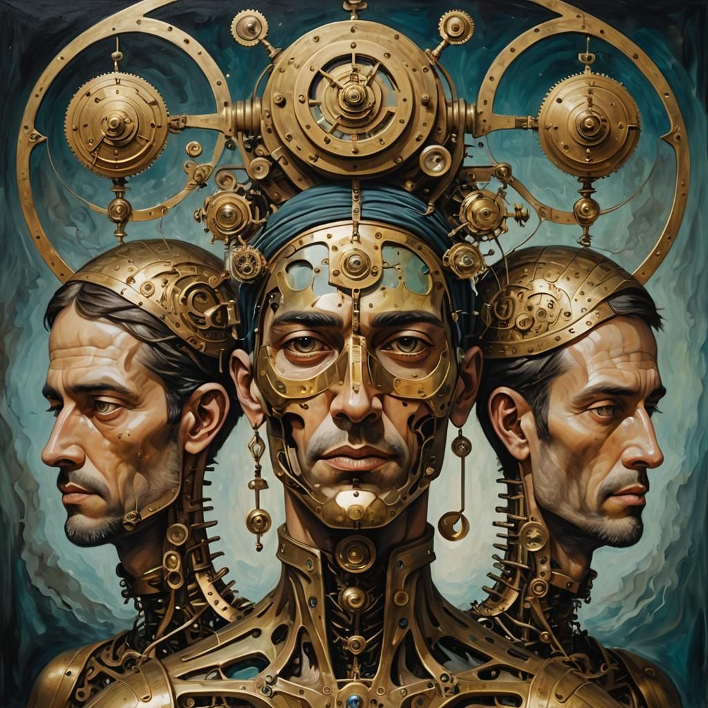 Surreal Man with Scale Reflecting Tragedies