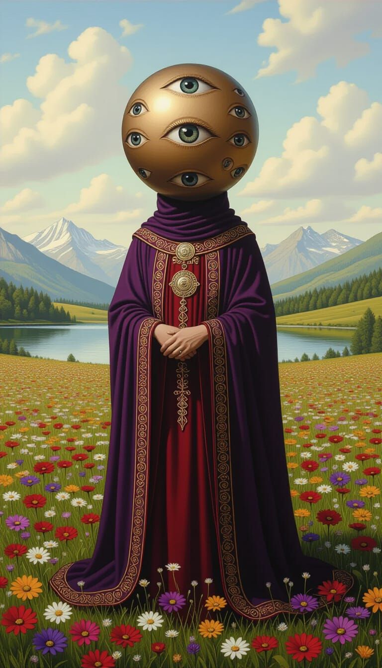 Visionary Painting of Eyeball-Headed Figure in Meadow
