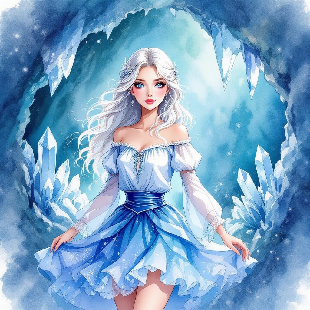 Ice Queen Exploring Crystal Cave in Watercolor Style