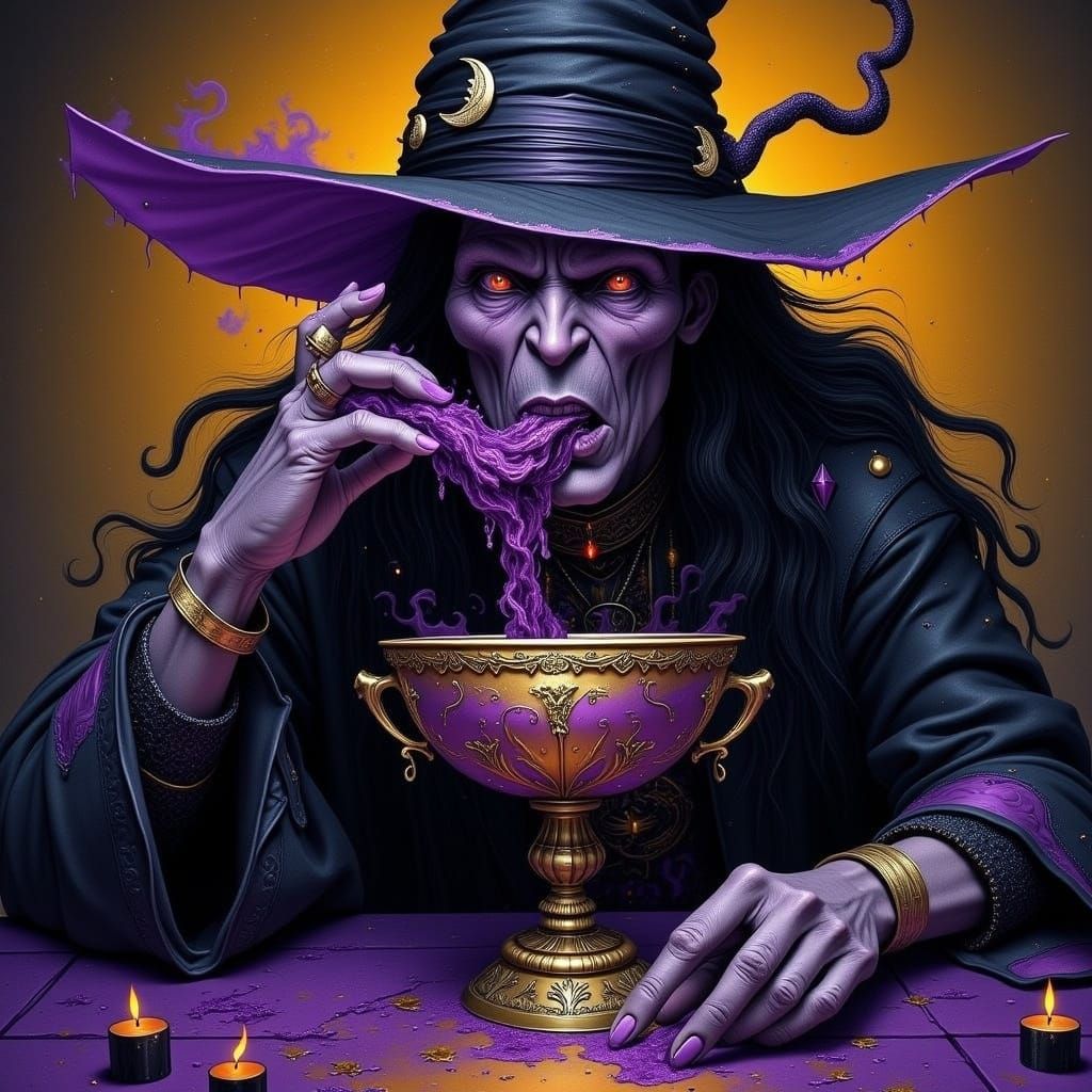 Mystical Witch Drinks Purple Potion, Surreal Art