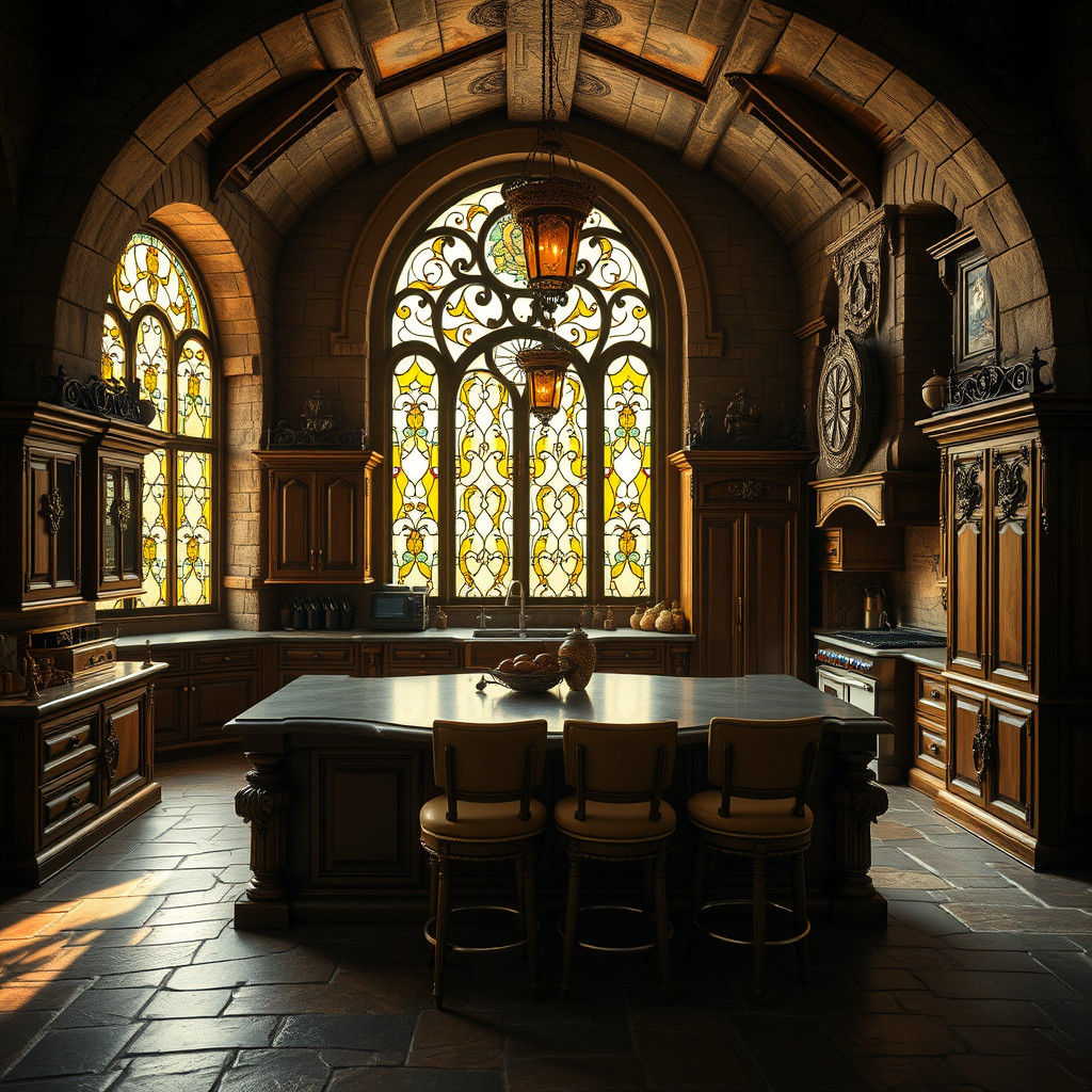Opulent French Fantasy Kitchen with Stained Glass