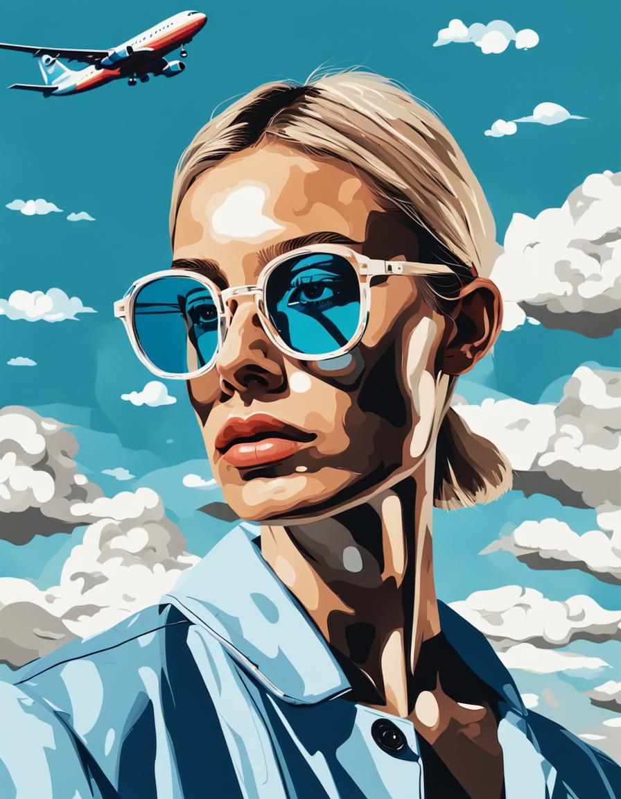 Blonde Woman Portrait with Airplane in Abstract Art