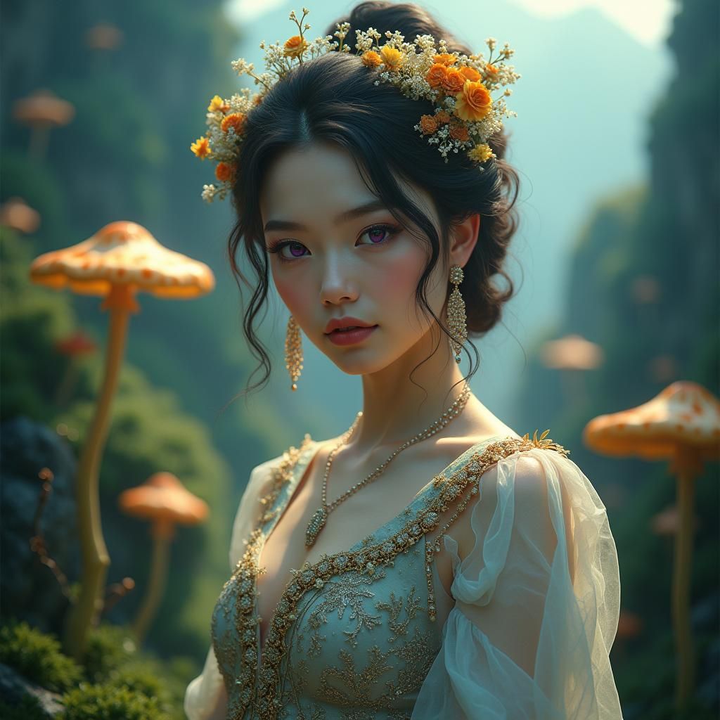 Ethereal Woman with Purple Eyes in Dreamlike Setting