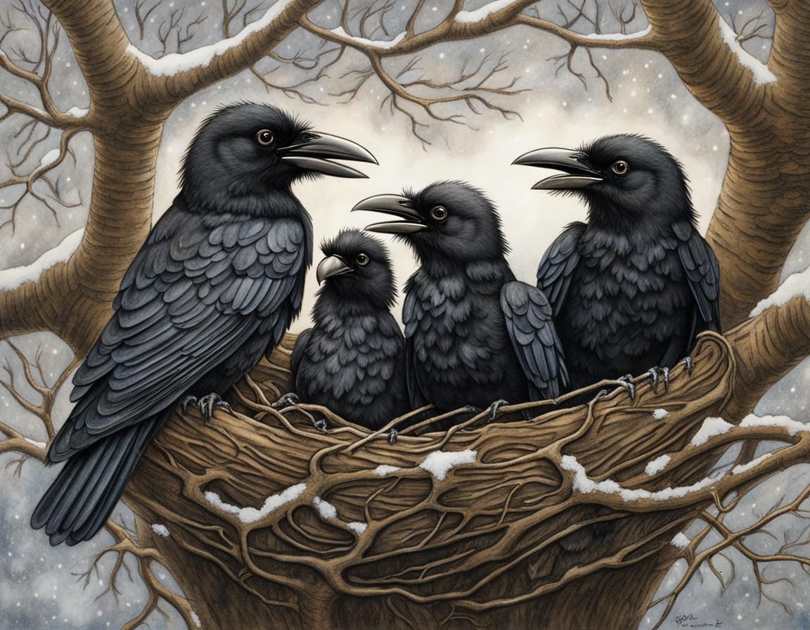 Crow nestlings with open mouths in their nest in a sycamore ...