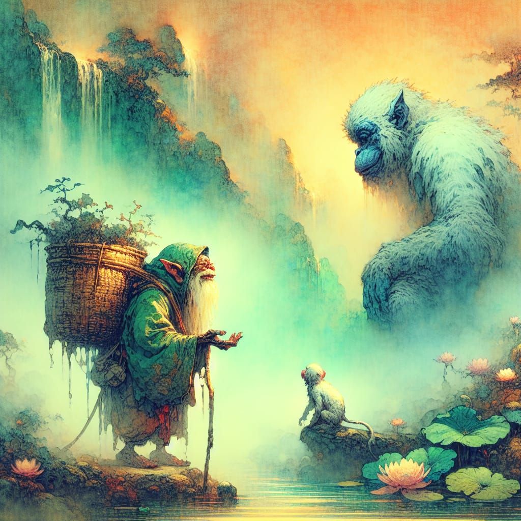 Gremlin and Monkey Dialogue in Ukiyo-e Watercolor