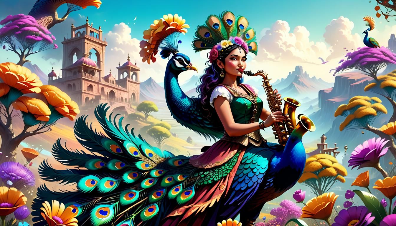 Gypsy Musician Rides Peacock in Fantastic Landscape