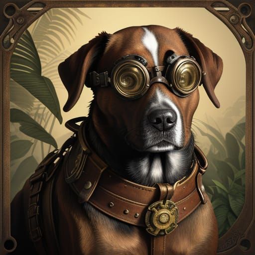 Steampunk Dog with Goggles in Industrial Setting