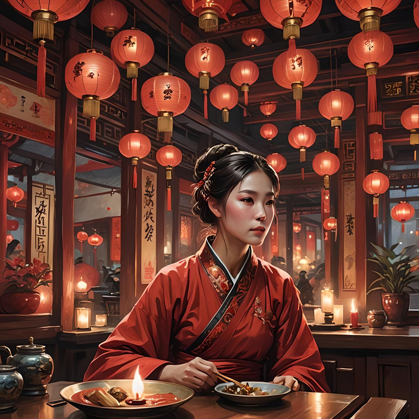 Chinese Woman in Hanfu at Lantern-lit Restaurant