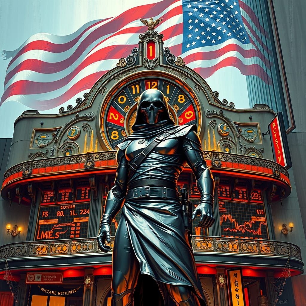 Cyberpunk Building Under Siege in Flashing Financial Markets