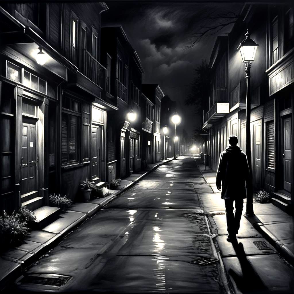 Lonely Figure Walks in Night: Charcoal Drawing