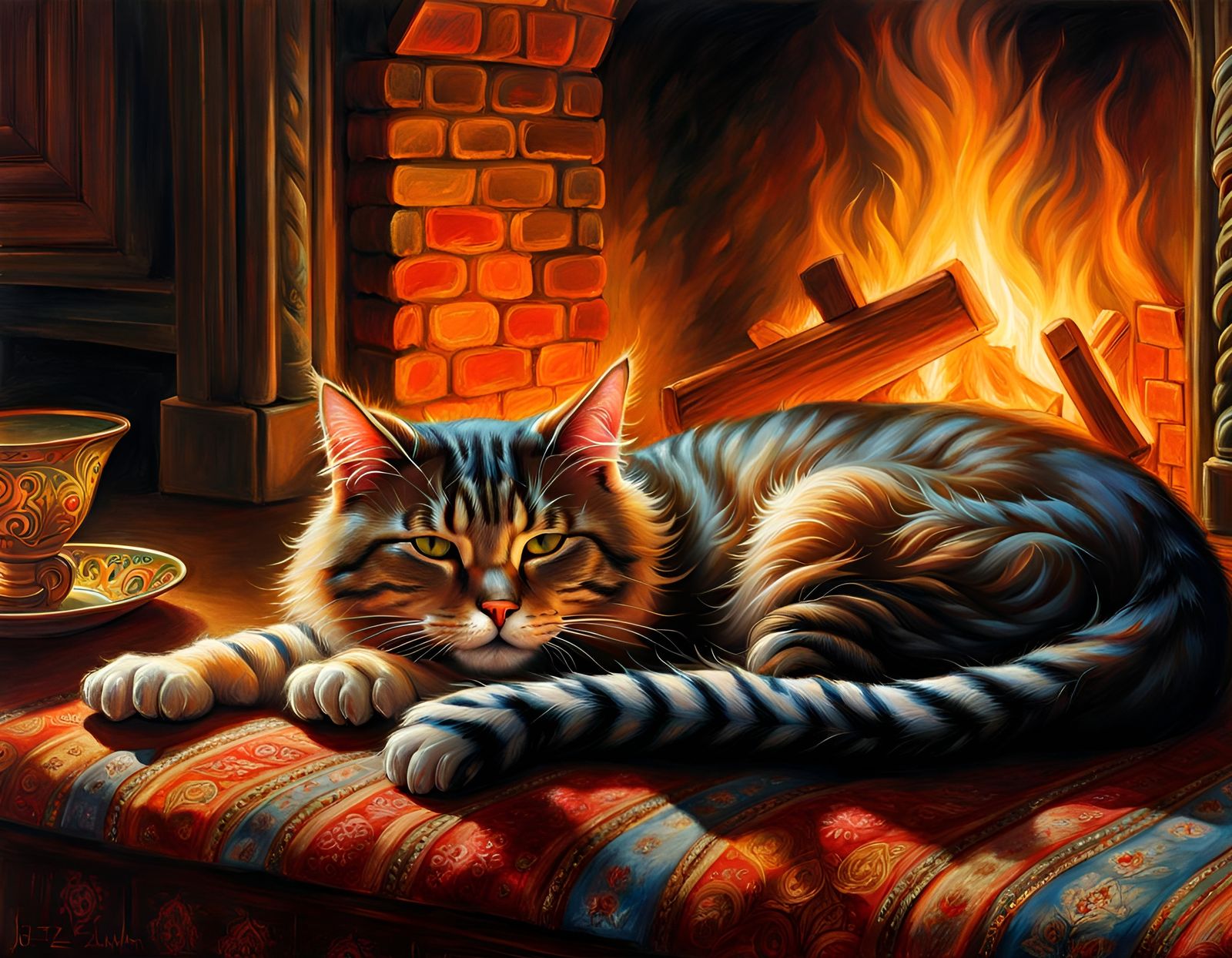 Cozy Cat Napping by Fireplace: Oil Pastel Masterpiece
