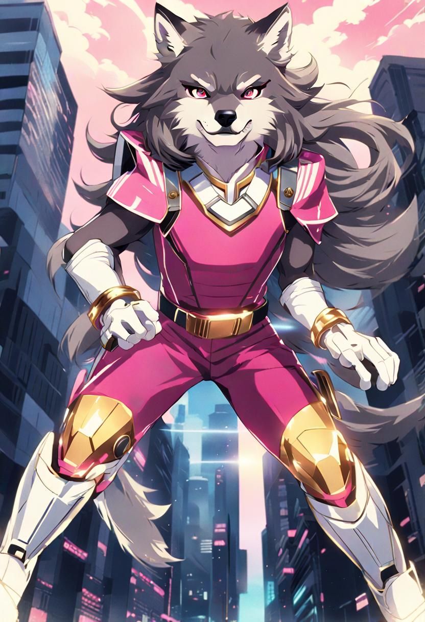 Giant Pink Wolf Superhero in Anime Manga Style