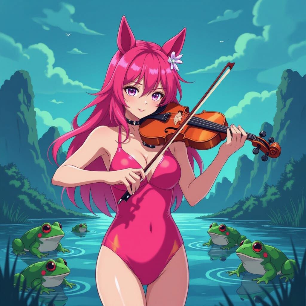 Anime Girl with Horse Ears Plays Violin in Eerie Landscape