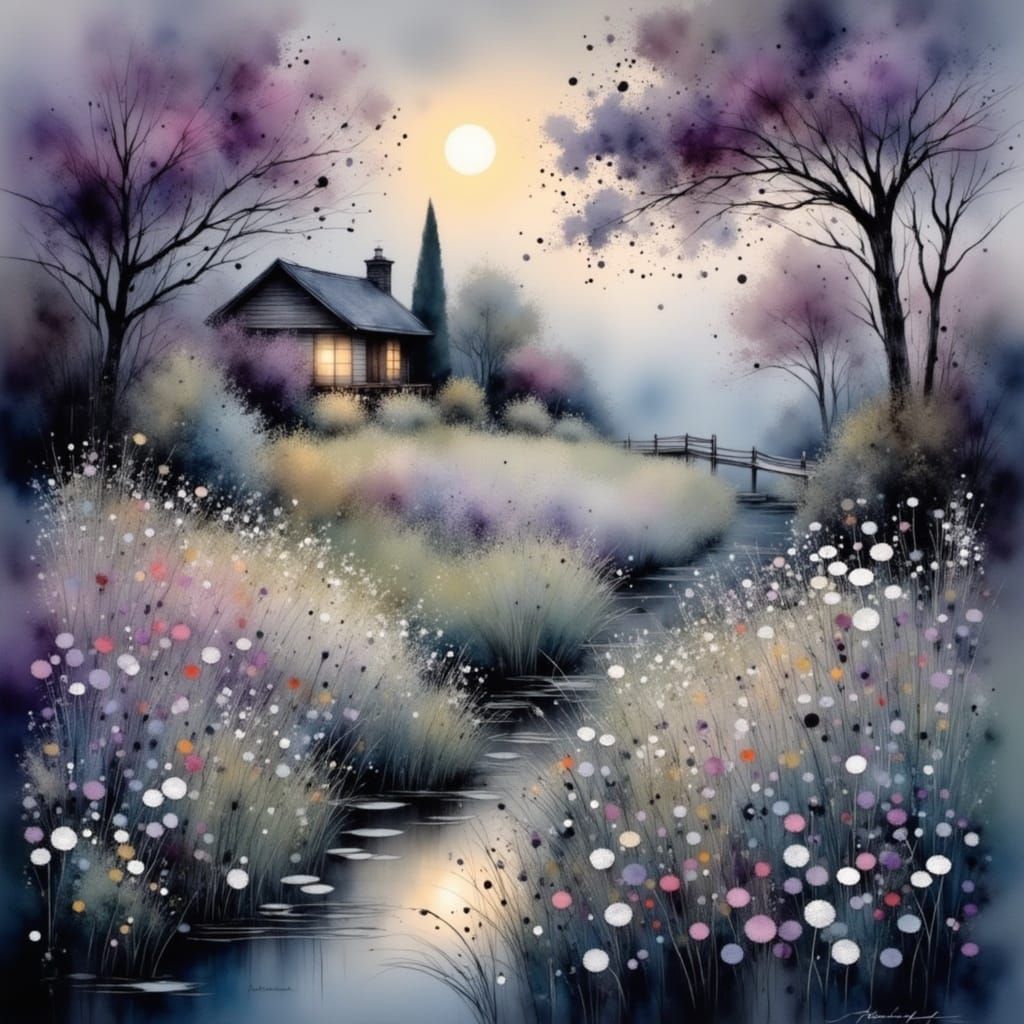 Whimsical Garden Scene in Soft Violet Evening Light