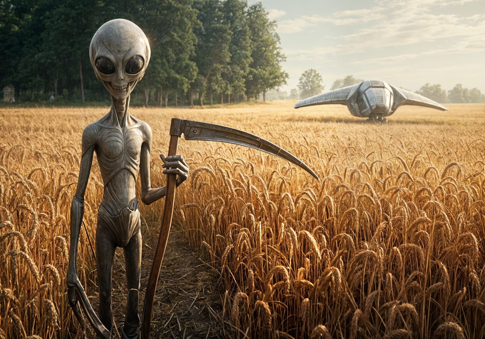 Friendly Alien Farming in Wheat Field, HD Photography