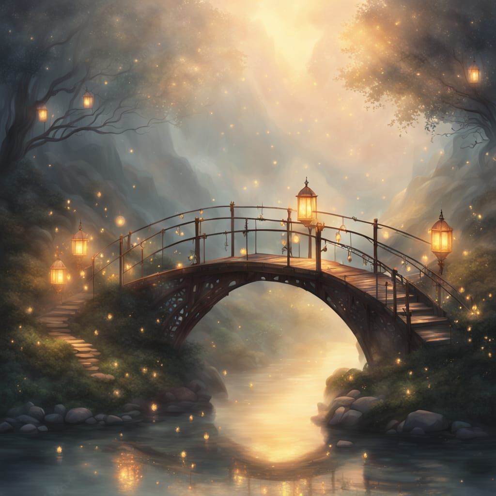 Enchanted Bridge in Mist: Dreamy Watercolor Fantasy