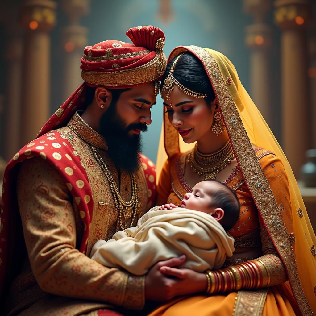 Indian King and Queen with Newborn Baby in Fantasy Art Style