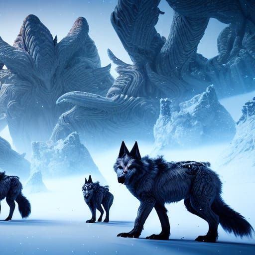 Alien Wolf Pack Hunting on Snowy Planet