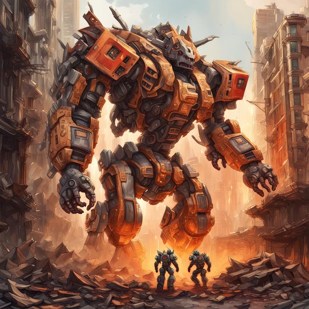 Mecha Monster Escapes Frame in Apocalyptic City