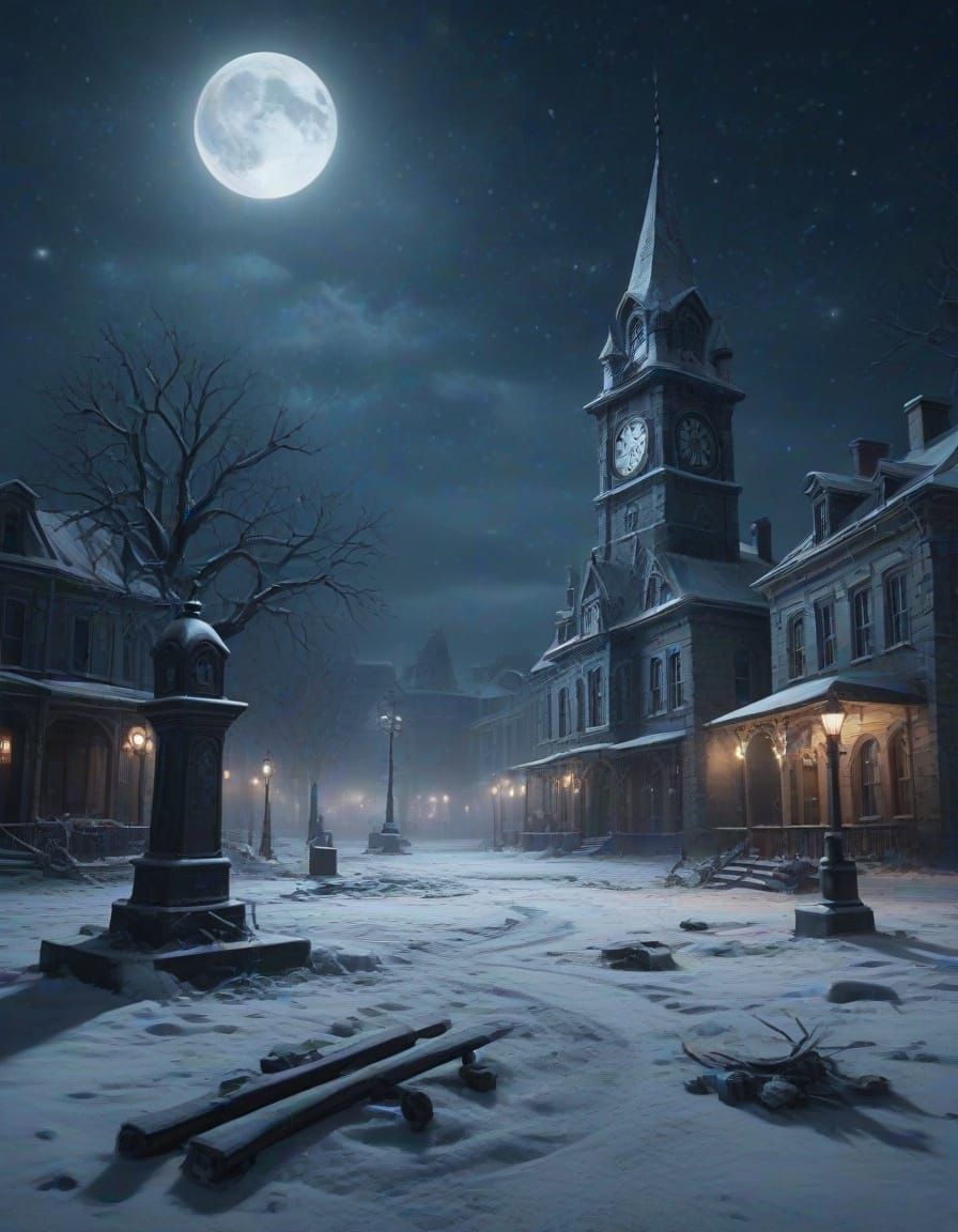 Snowy Town Square with Broken Clock Tower