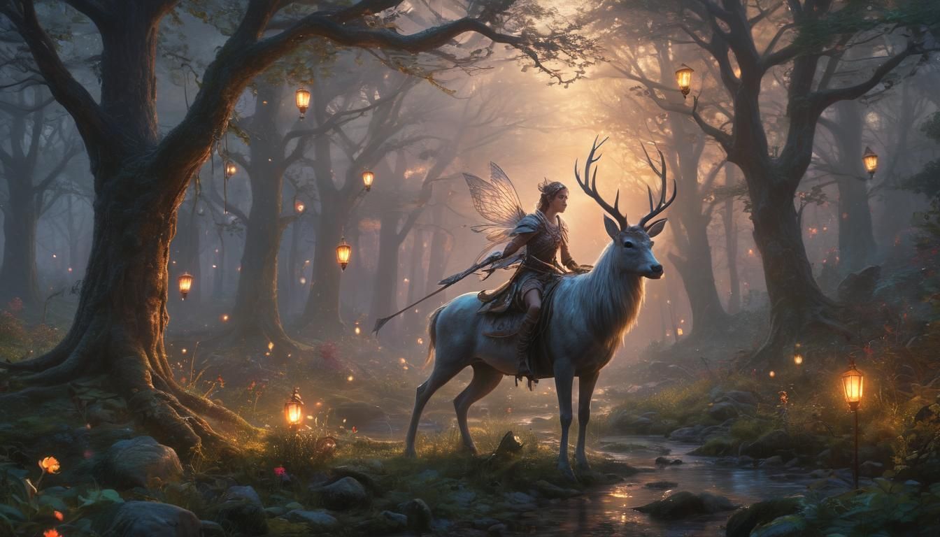 Ethereal Fairy Warrior Rides Stag in Mystical Forest