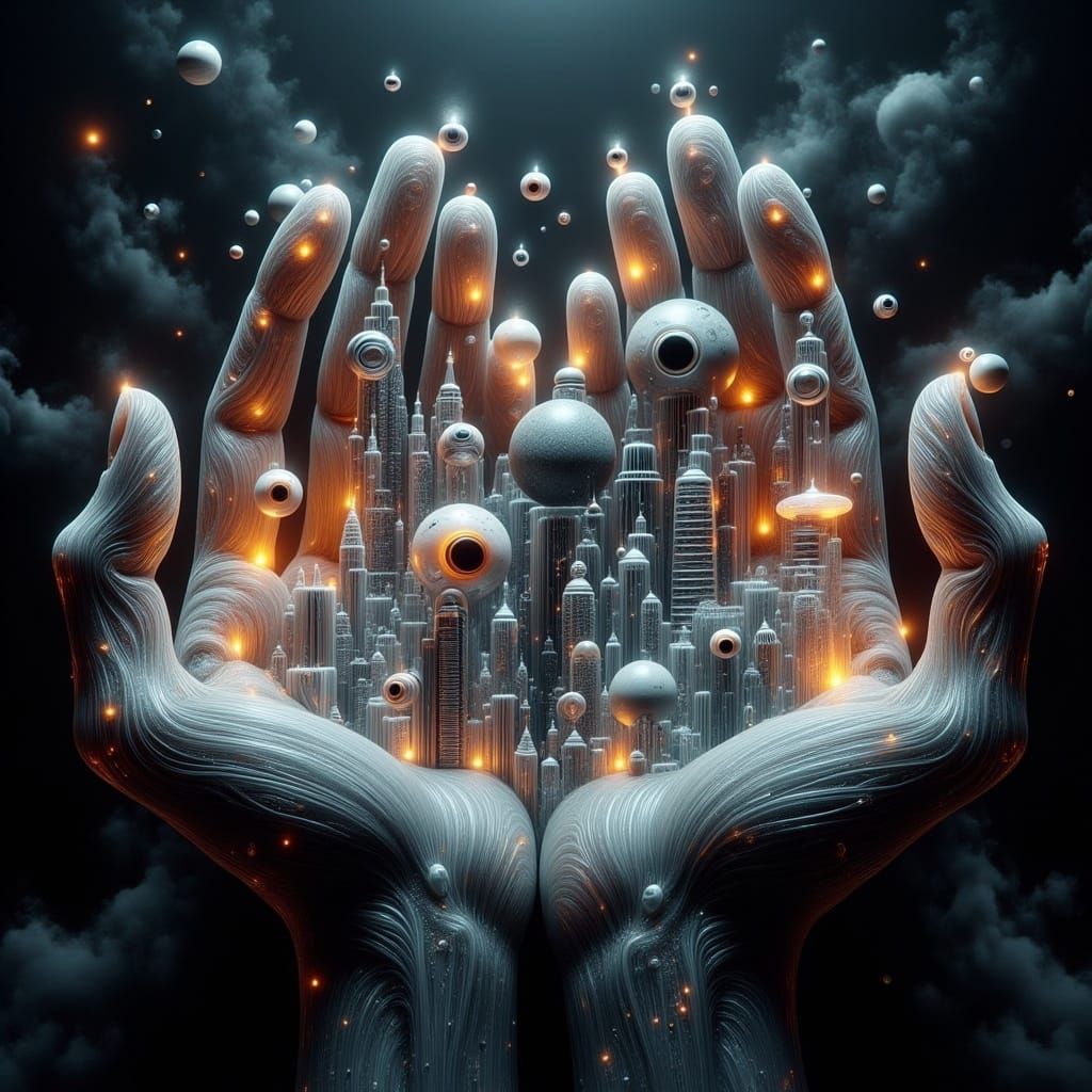 Intricate Hands Cradle Futuristic Miniature World