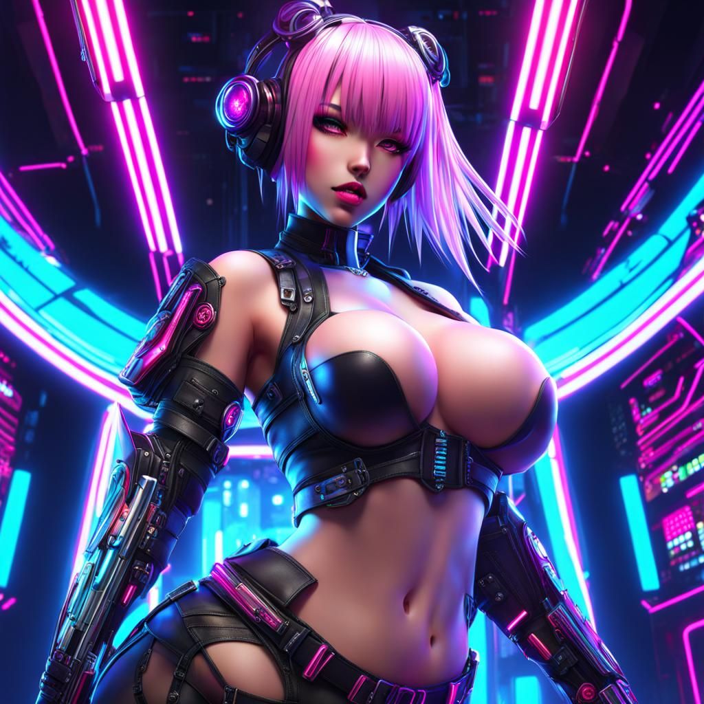 Cyberpunk Anime Girl in Neon 3D Rendering