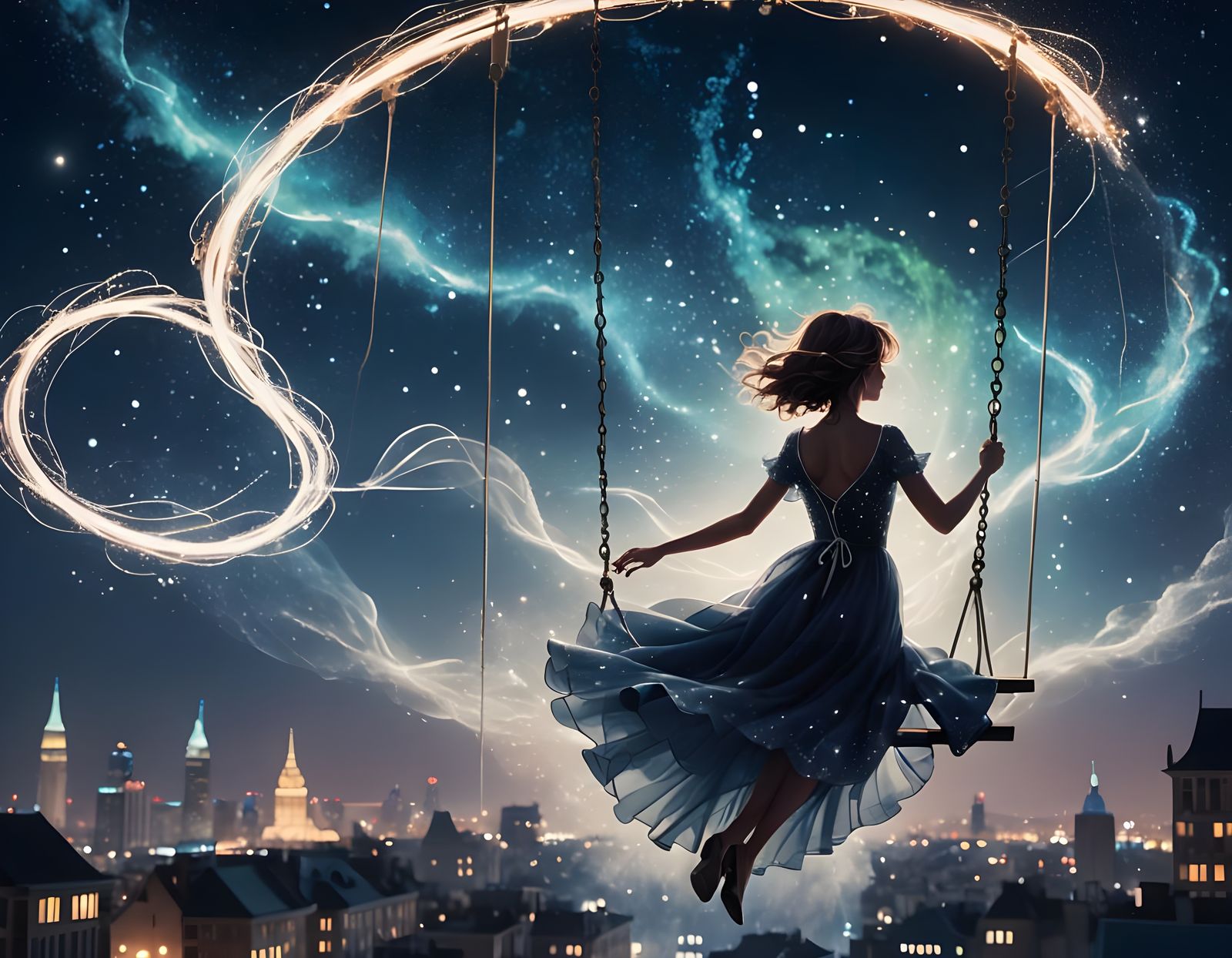 Ethereal Silhouette Swinging Under Starry Sky
