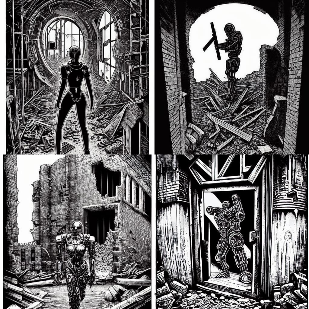 Decopunk Cyborg in Apocalyptic Factory Woodcut