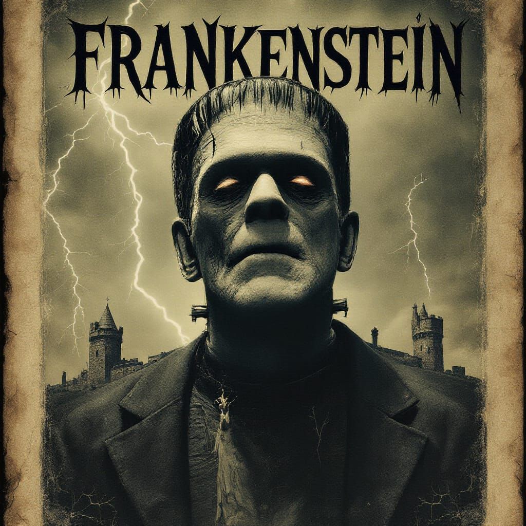 Vintage Frankenstein Movie Poster with Gothic Castle