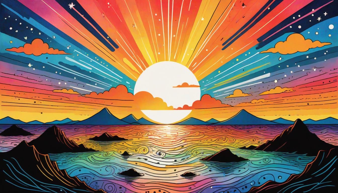 Whimsical Sunrise Poster in Colorful Ink Typography
