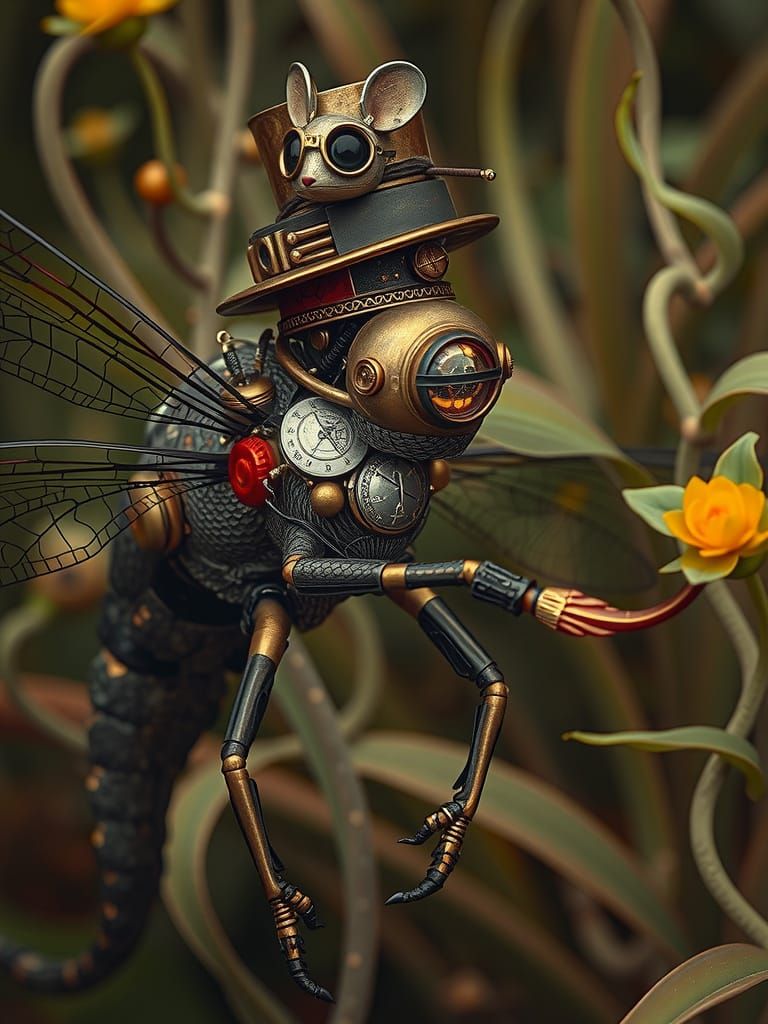 A dragonfly with a dragon's head, wearing a intricately bras...