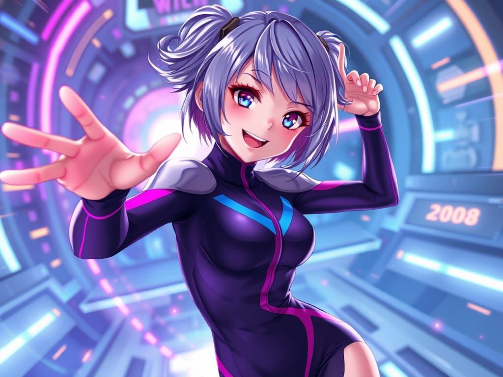 Dynamic Anime Girl in Futuristic Spatial Scene
