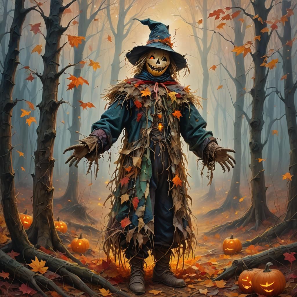 Mystical Scarecrow in Autumnal Forest: Oil Painting